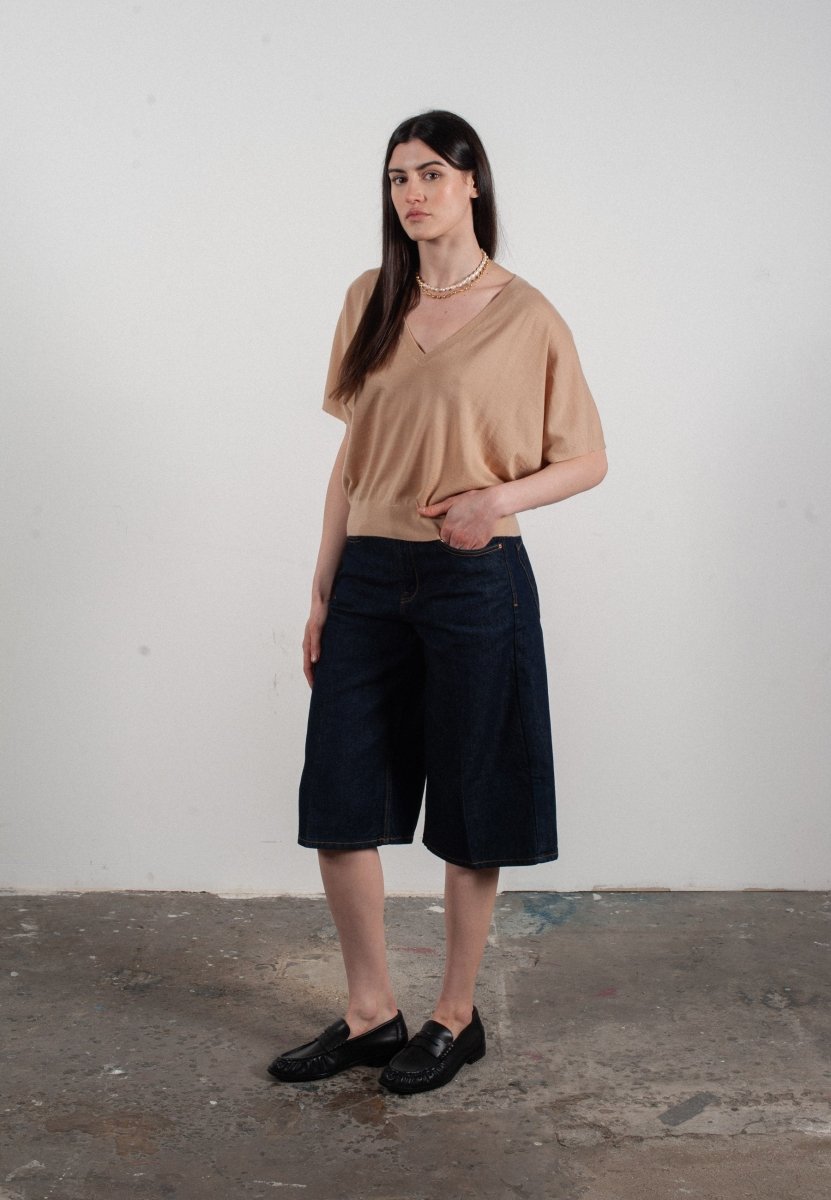 Pull col V à manches chauve souris femme en cachemire & laine ultrafin beige - KELLY 6 - Studio cashmere8