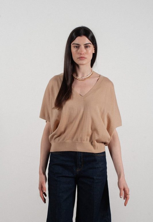 Pull col V à manches chauve souris femme en cachemire & laine ultrafin beige - KELLY 6 - Studio cashmere8