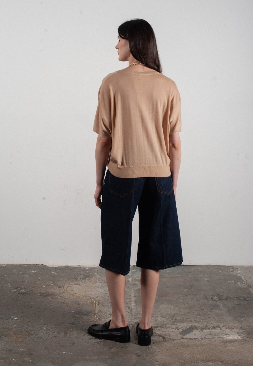 Pull col V à manches chauve souris femme en cachemire & laine ultrafin beige - KELLY 6 - Studio cashmere8