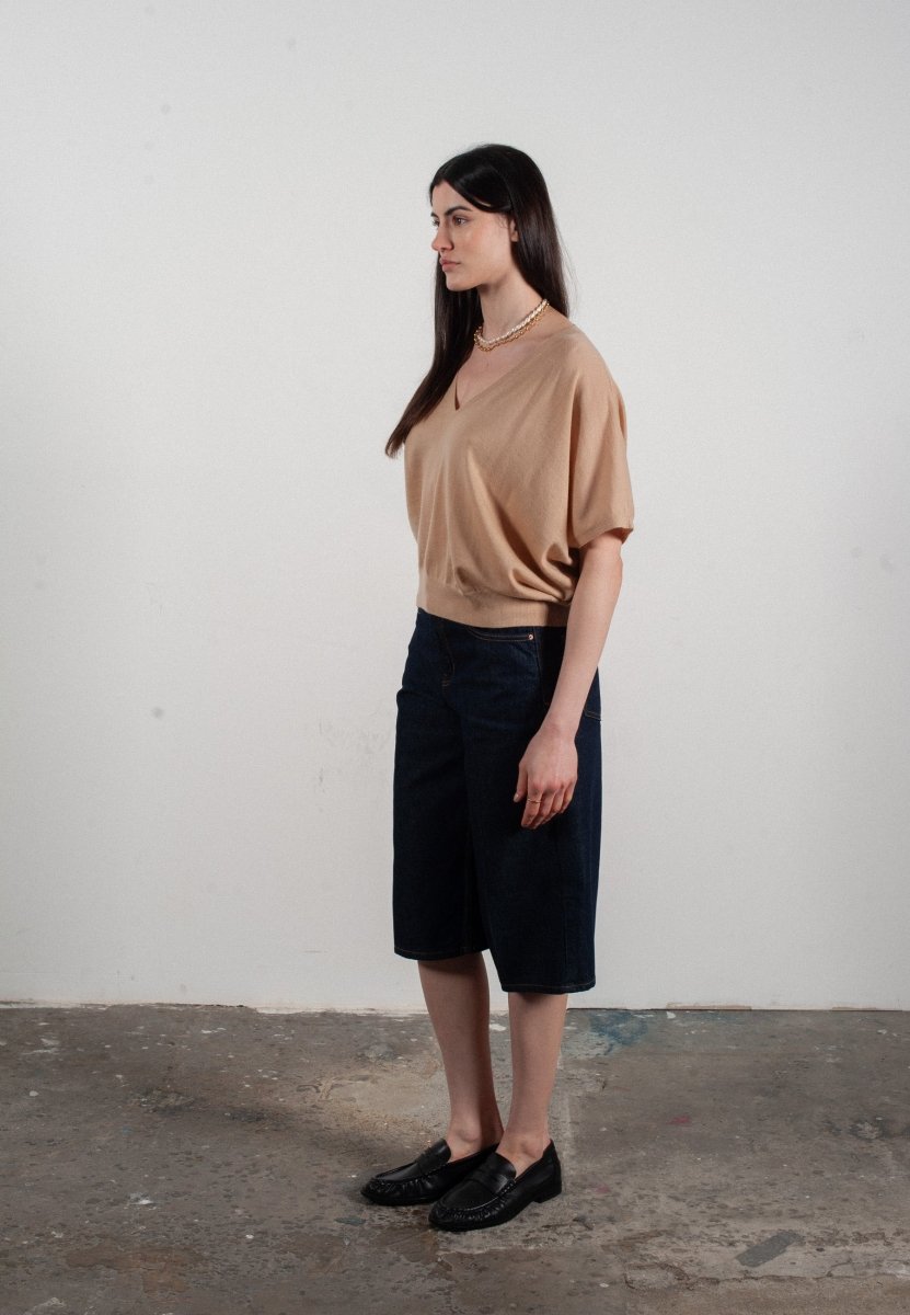 Pull col V à manches chauve souris femme en cachemire & laine ultrafin beige - KELLY 6 - Studio cashmere8