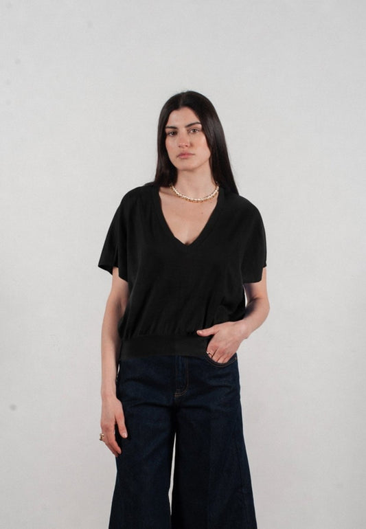 Pull col V à manches chauve souris femme en cachemire & laine ultrafin noir - KELLY 6 - Studio cashmere8