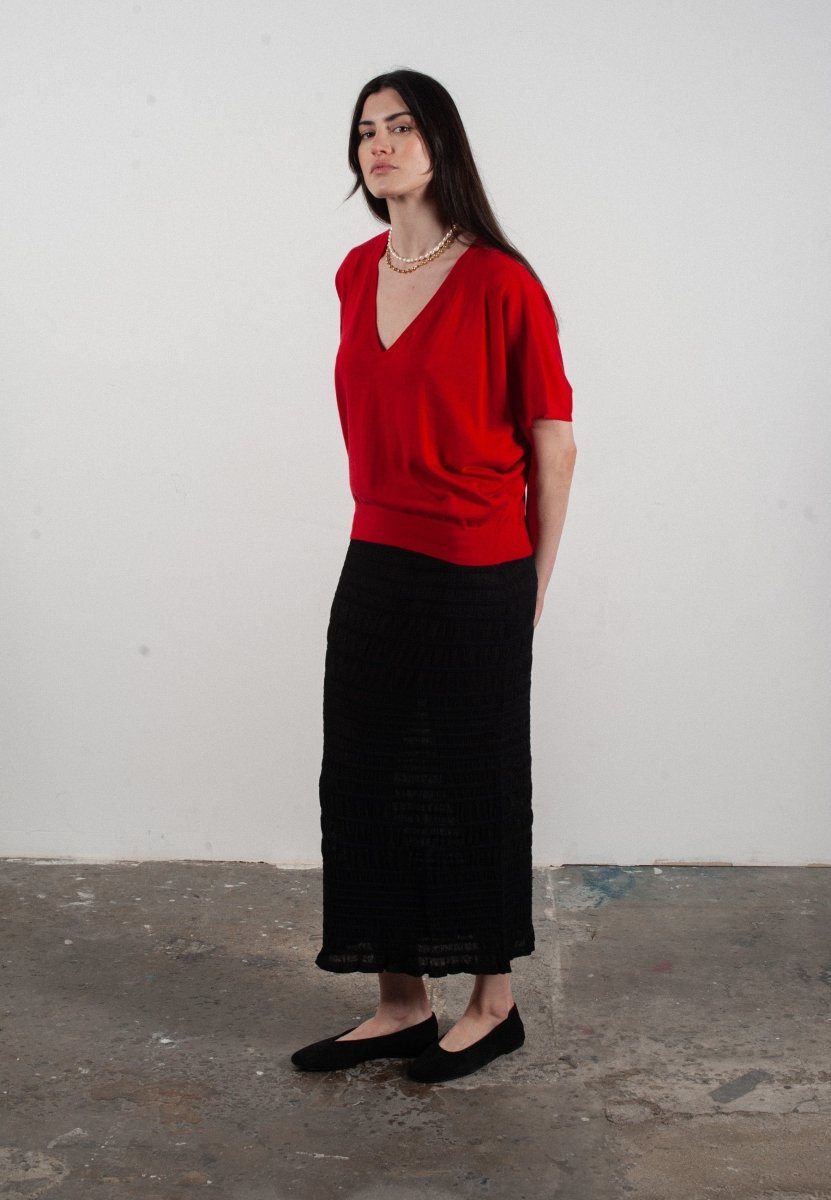 Pull col V à manches chauve souris femme en cachemire & laine ultrafin rouge - KELLY 6 - Studio cashmere8