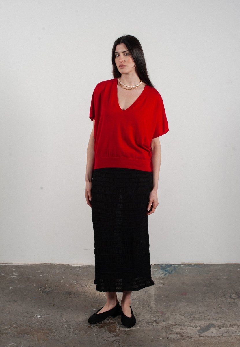 Pull col V à manches chauve souris femme en cachemire & laine ultrafin rouge - KELLY 6 - Studio cashmere8