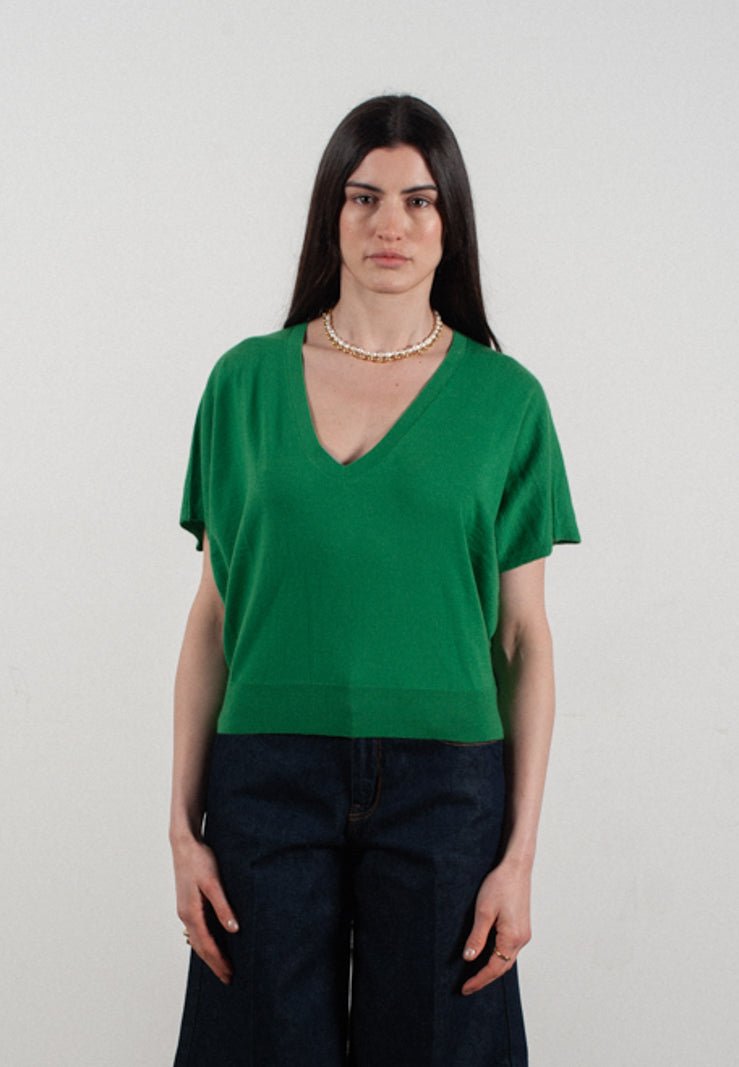 Pull col V à manches chauve souris femme en cachemire & laine ultrafin vert - KELLY 6 - Studio cashmere8