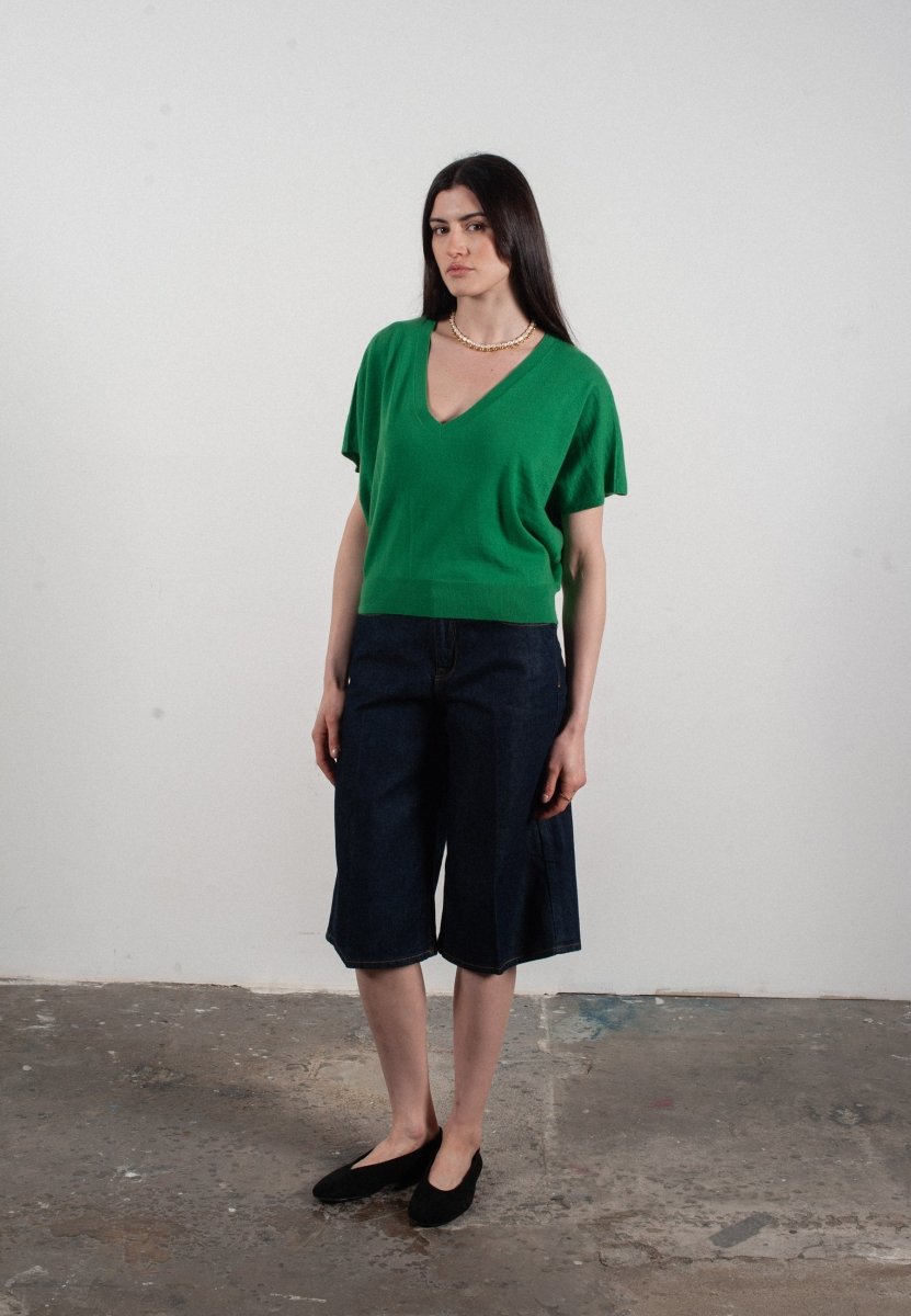 Pull col V à manches chauve souris femme en cachemire & laine ultrafin vert - KELLY 6 - Studio cashmere8