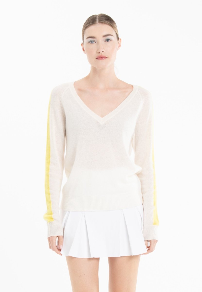 Pull col V cachemire écru/jaune fluo femme - RIA 1 - Studio cashmere8