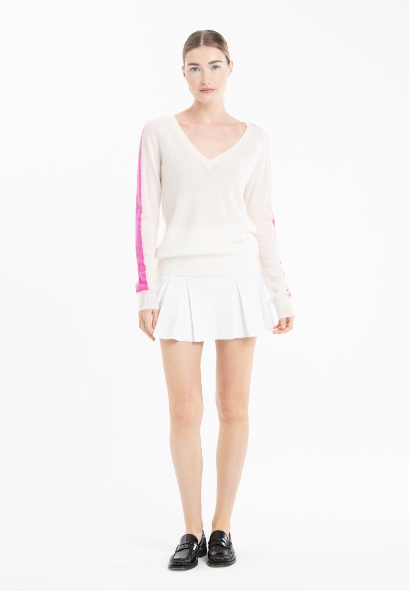 Pull col V cachemire écru/rose barbie femme - RIA 1 - Studio cashmere8
