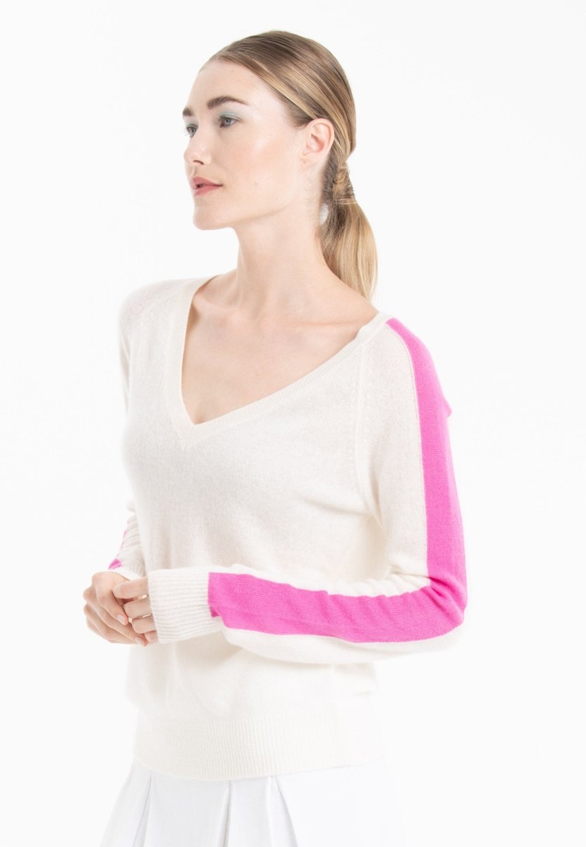 Pull col V cachemire écru/rose barbie femme - RIA 1 - Studio cashmere8