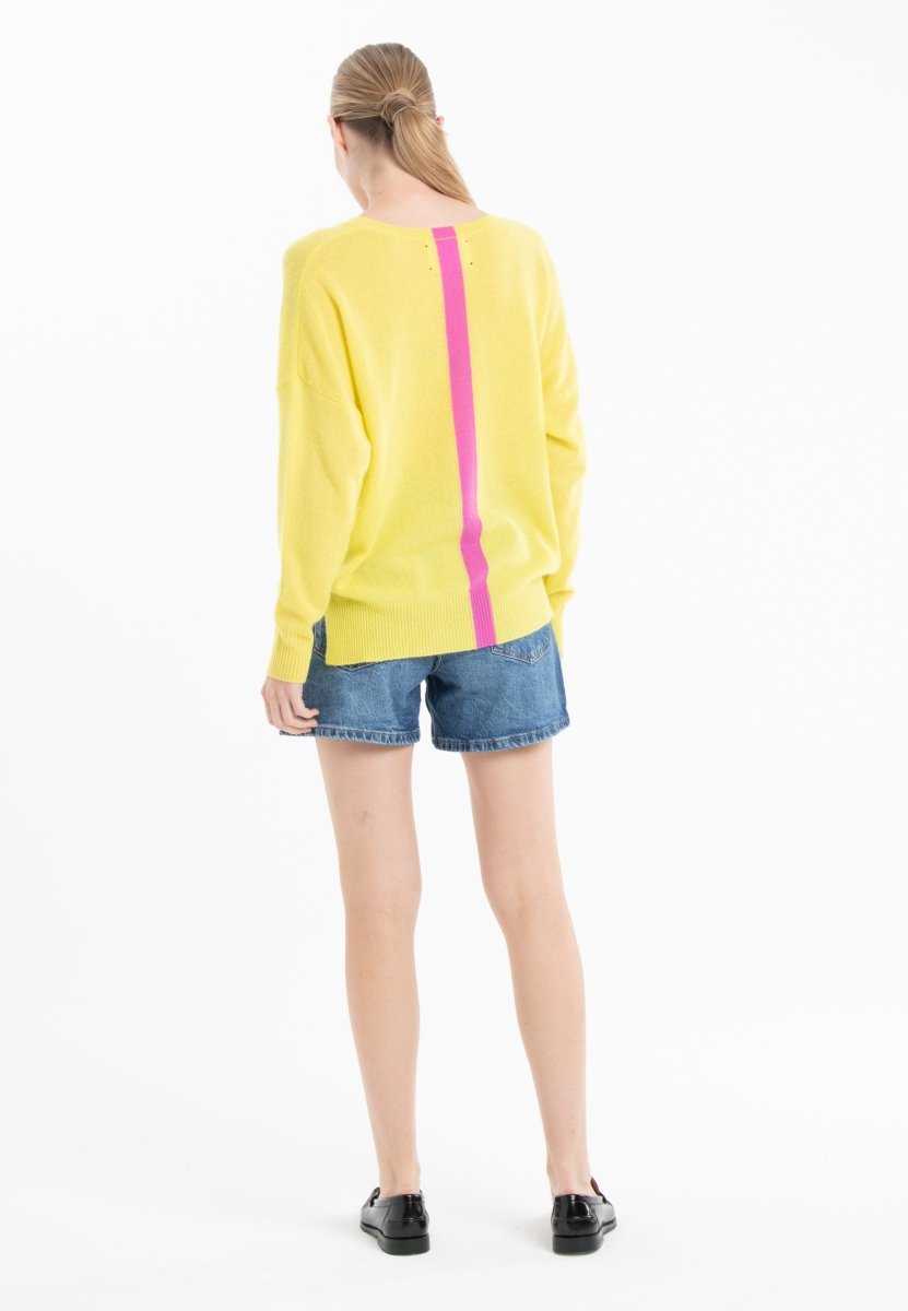 Pull col V cachemire jaune fluo/rose barbie femme - NAMI 23 - Studio cashmere8