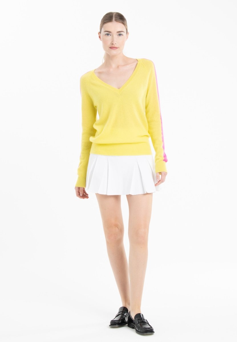 Pull col V cachemire jaune fluo/rose barbie femme - RIA 1 - Studio cashmere8