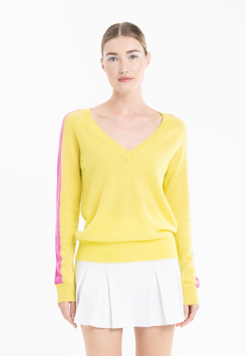 Pull col V cachemire jaune fluo/rose barbie femme - RIA 1 - Studio cashmere8