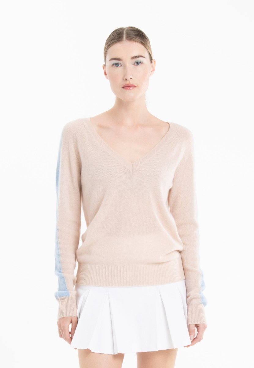 Pull col V cachemire skin/baby blue femme - RIA 1 - Studio cashmere8