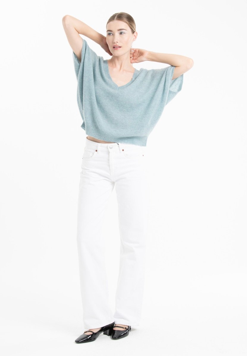 Pull col V cachemire vert d'eau femme - RIA 25 - Studio cashmere8