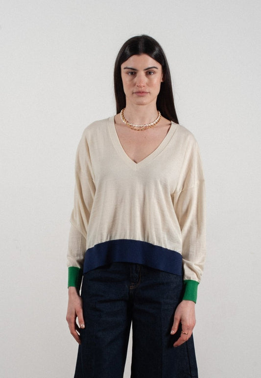 Pull col V femme en cachemire & laine ultrafin blanc & vert & bleu marine - KELLY 10 - Studio cashmere8