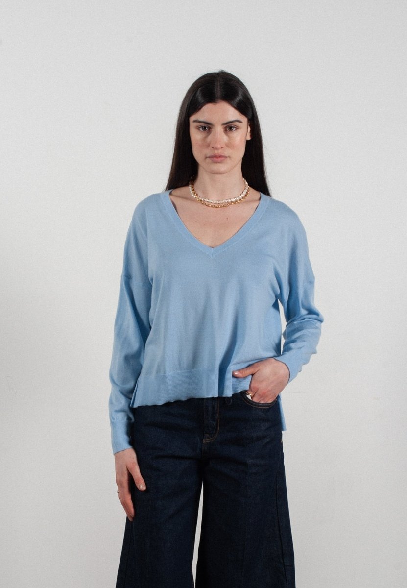 Pull col V femme en cachemire & laine ultrafin bleu ciel - KELLY 10 - Studio cashmere8