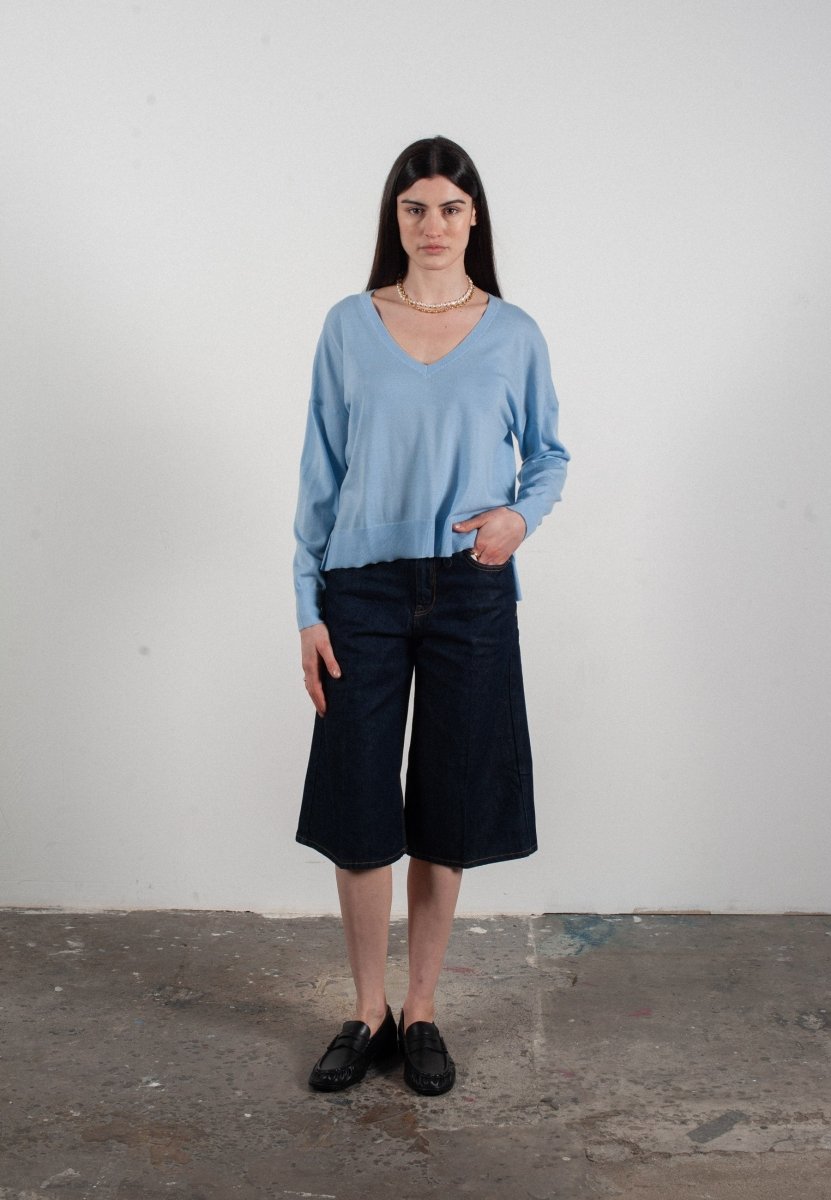 Pull col V femme en cachemire & laine ultrafin bleu ciel - KELLY 10 - Studio cashmere8