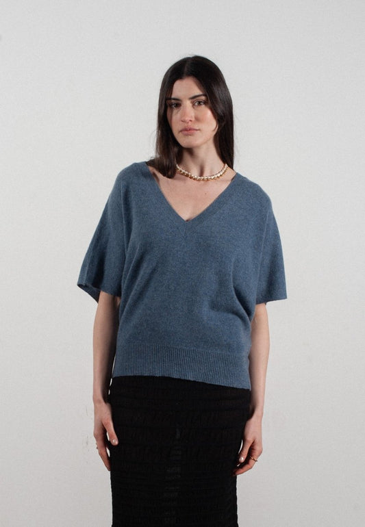 Pull col V manches chave souris femme en cachemire bleu foncé - RIA 25 - Studio cashmere8