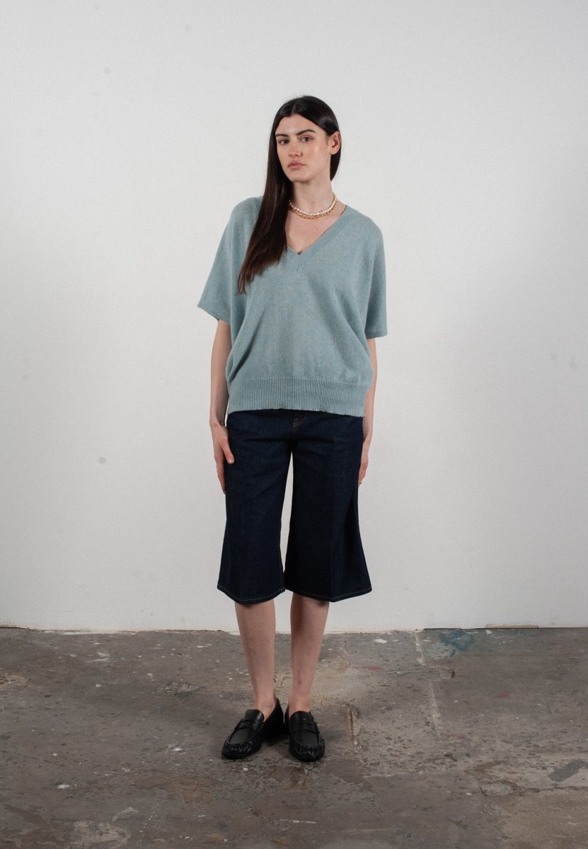 Pull col V manches chave souris femme en cachemire vert d'eau - RIA 25 - Studio cashmere8