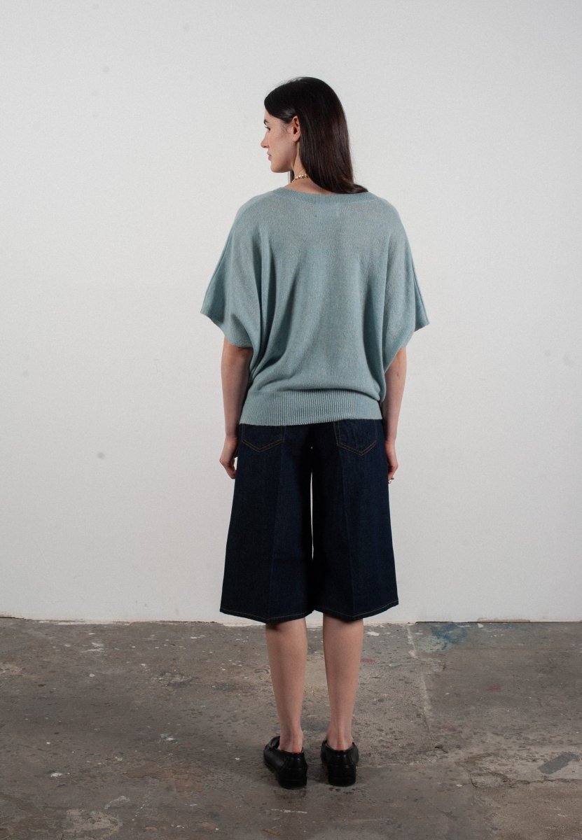 Pull col V manches chave souris femme en cachemire vert d'eau - RIA 25 - Studio cashmere8