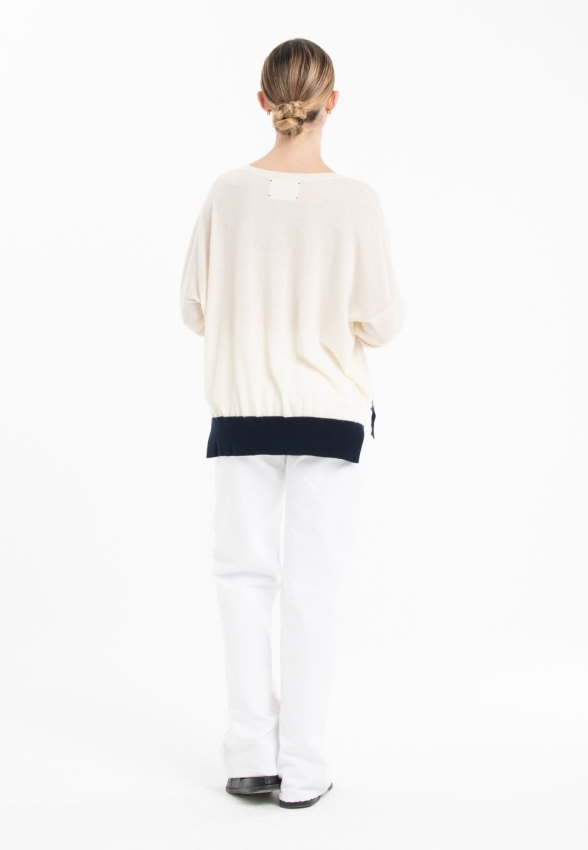 Pull col V oversize ultrafin cachemire et laine blanc/vert/bleu marine femme - KELLY 10 - Studio cashmere8