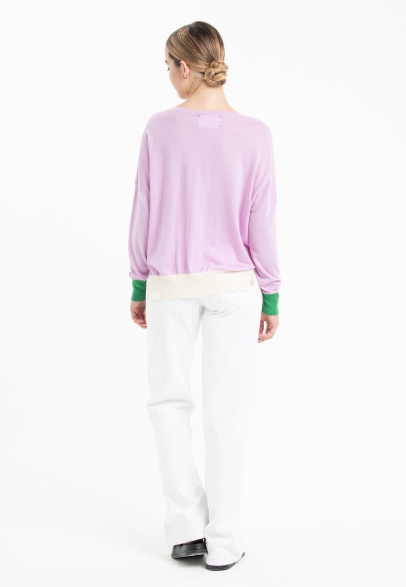 Pull col V oversize ultrafin cachemire et laine lavande/vert/blanc femme - KELLY 10 - Studio cashmere8