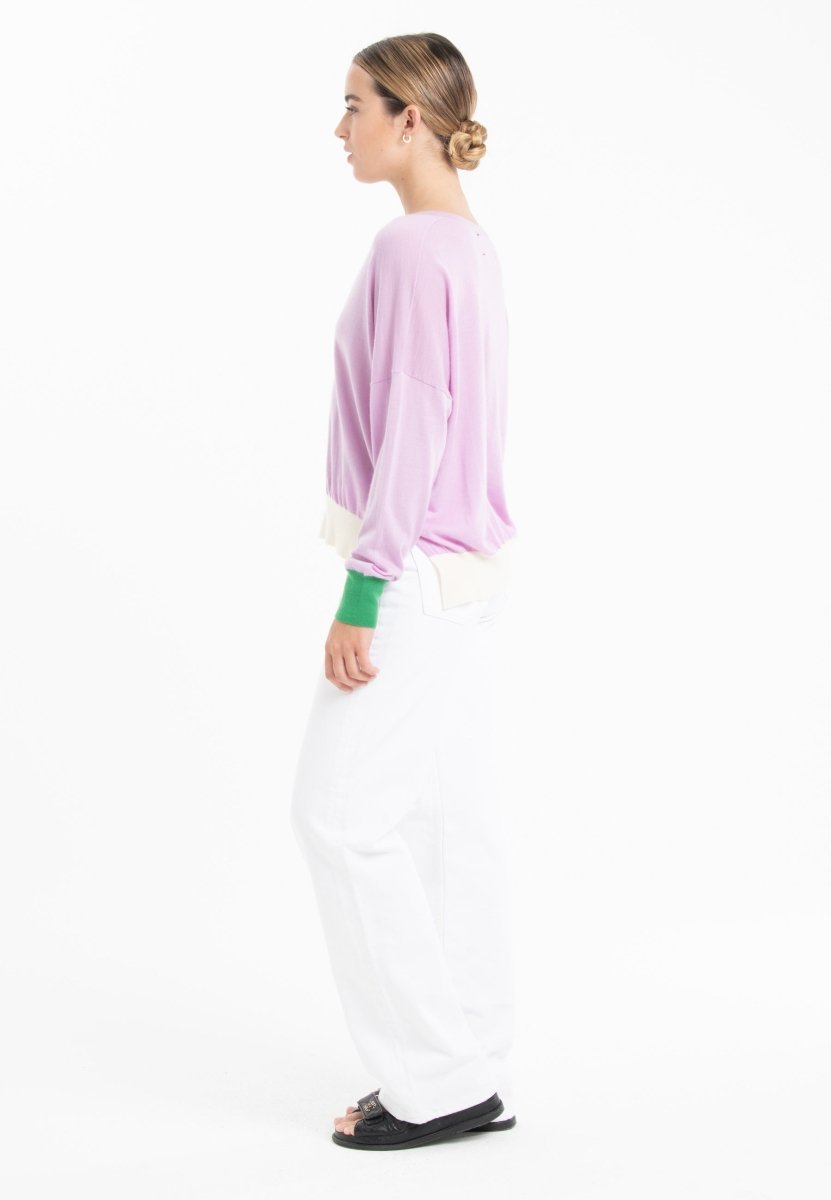 Pull col V oversize ultrafin cachemire et laine lavande/vert/blanc femme - KELLY 10 - Studio cashmere8
