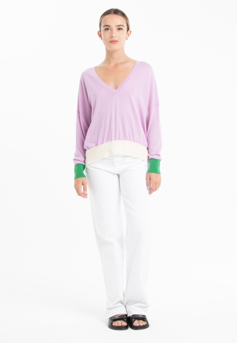 Pull col V oversize ultrafin cachemire et laine lavande/vert/blanc femme - KELLY 10 - Studio cashmere8