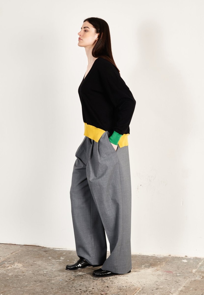 Pull col V oversize ultrafin cachemire et laine noir/vert/jaune femme - KELLY 10 - Studio cashmere8