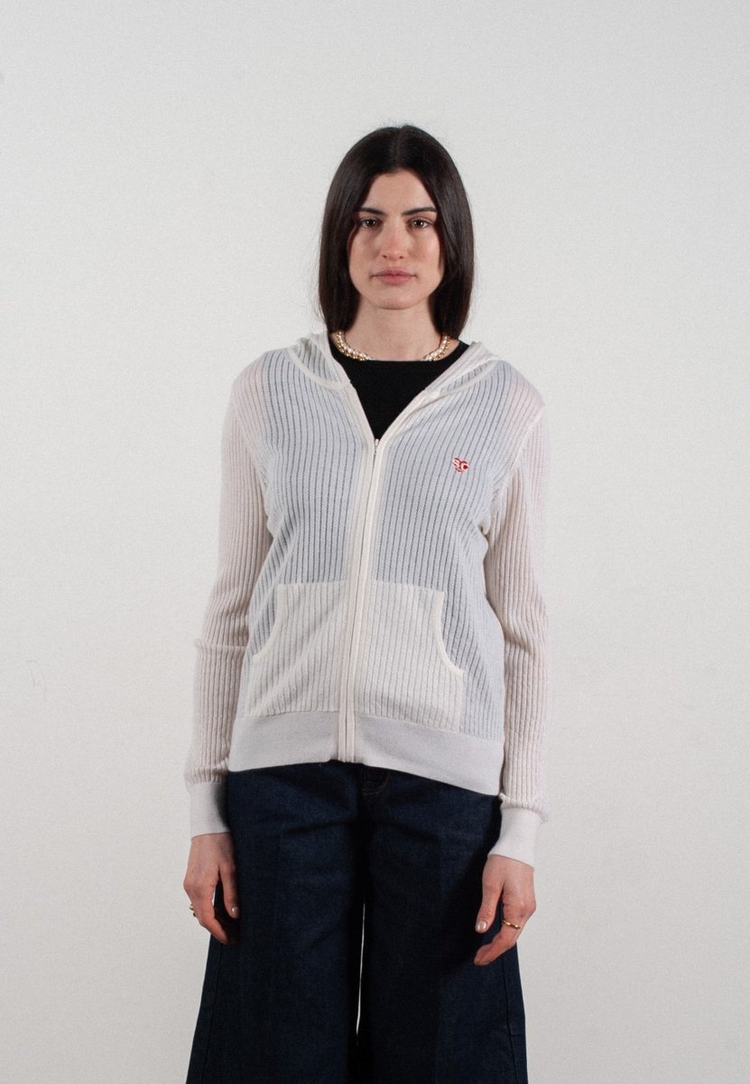 Sweat à capuche femme en cachemire et laine ajouré ultrafin blanc - FRIDA 9 - Studio cashmere8