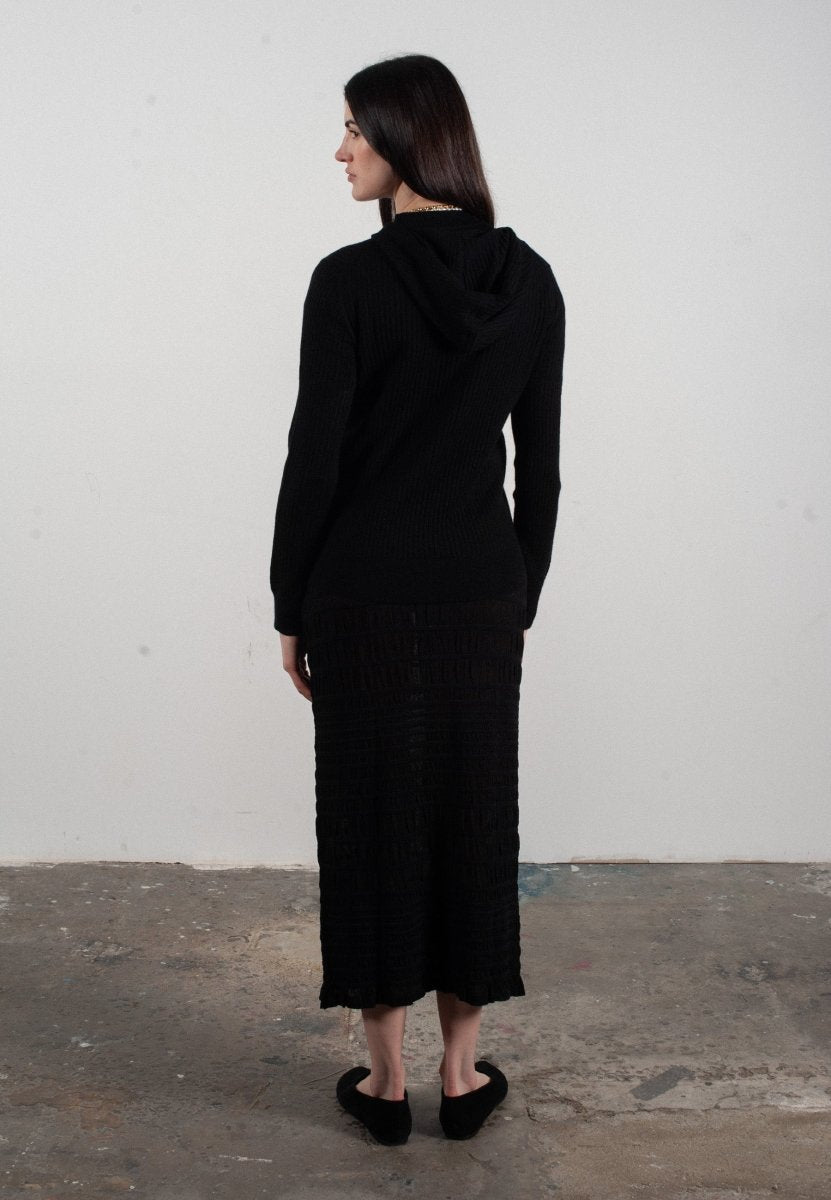 Sweat à capuche femme en cachemire et laine ajouré ultrafin noir - FRIDA 9 - Studio cashmere8