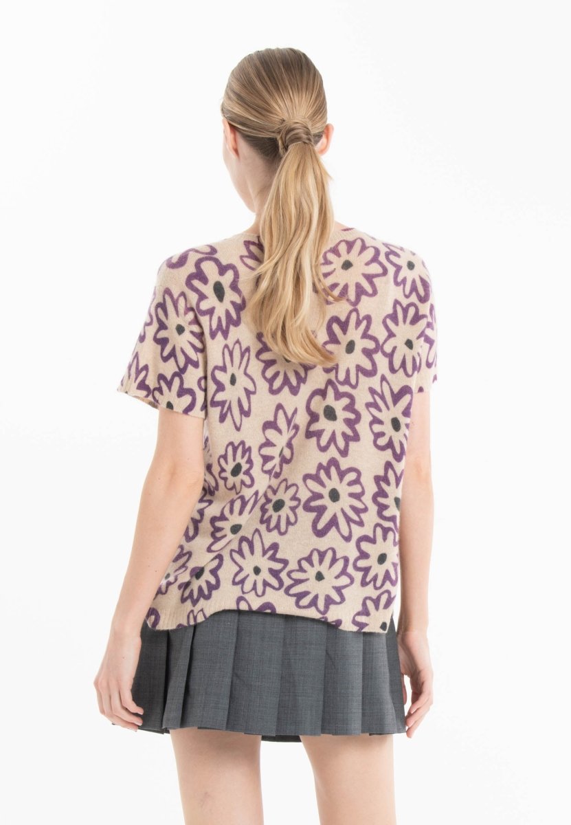 T-shirt col rond cachemire beige imprimé floral femme - KELLY 25 - Studio cashmere8