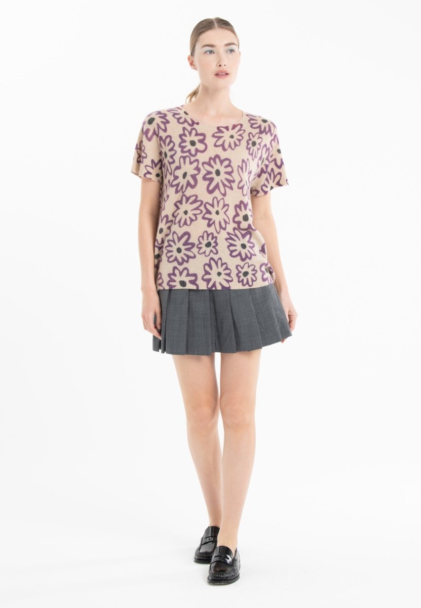 T-shirt col rond cachemire beige imprimé floral femme - KELLY 25 - Studio cashmere8
