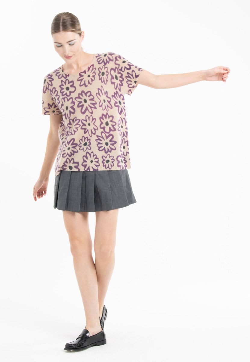 T-shirt col rond cachemire beige imprimé floral femme - KELLY 25 - Studio cashmere8