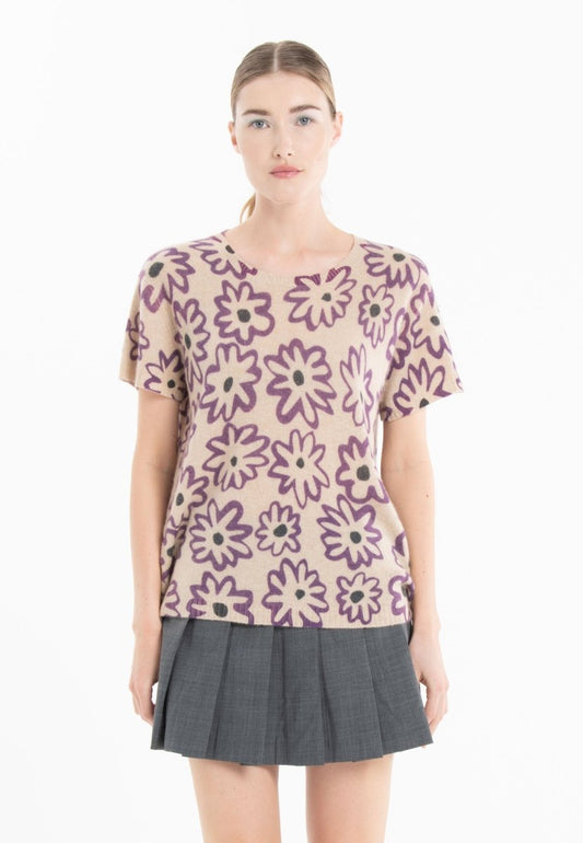 T-shirt col rond cachemire beige imprimé floral femme - KELLY 25 - Studio cashmere8