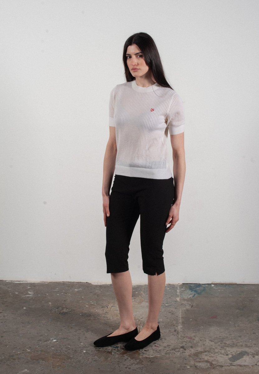 T-shirt col rond manches courtes femme en cachemire et laine ajouré ultrafin blanc - FRIDA 8 - Studio cashmere8
