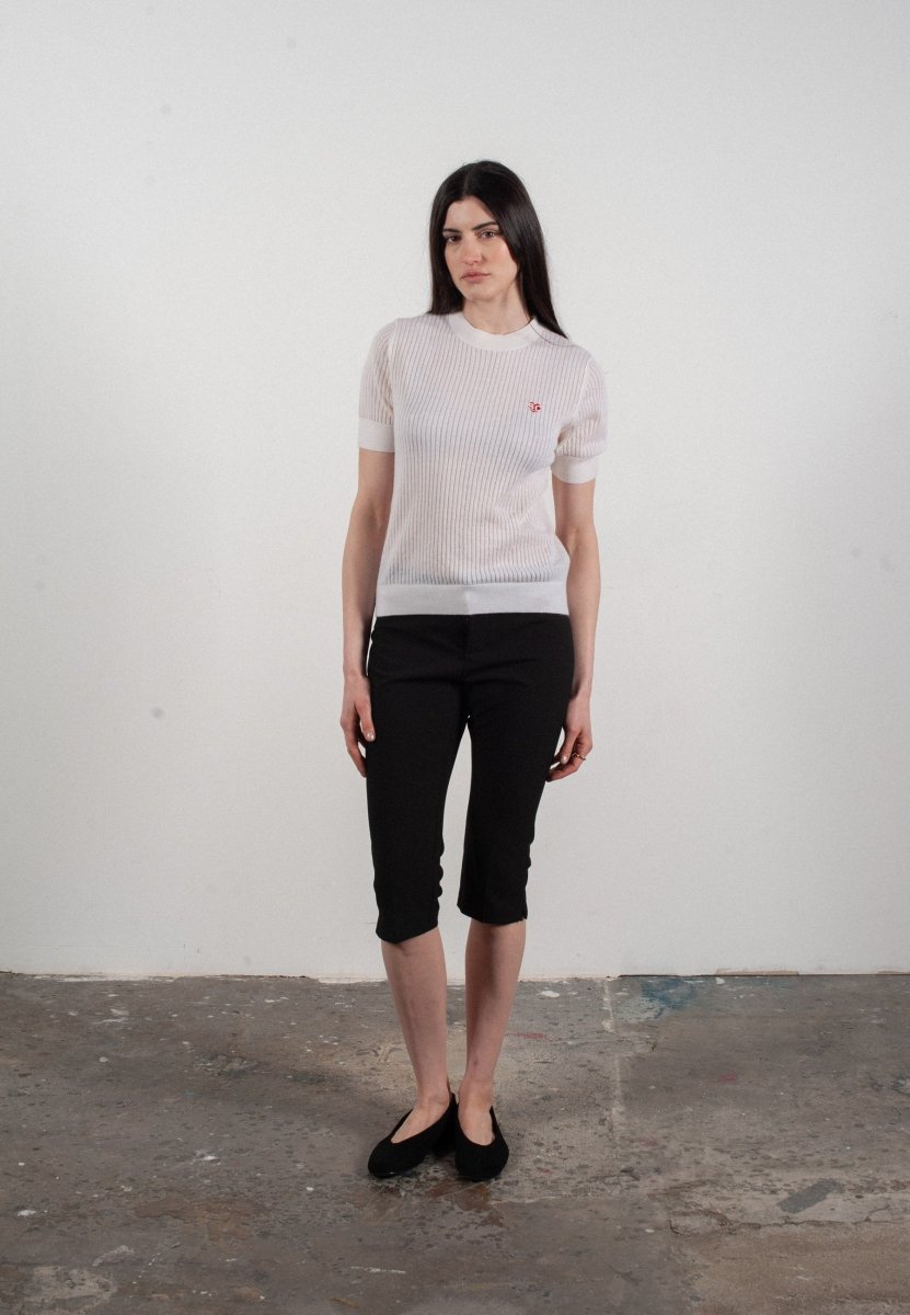 T-shirt col rond manches courtes femme en cachemire et laine ajouré ultrafin blanc - FRIDA 8 - Studio cashmere8