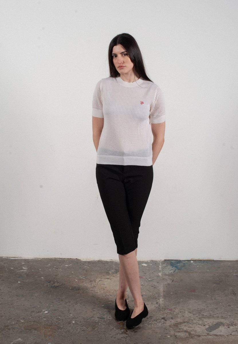 T-shirt col rond manches courtes femme en cachemire et laine ajouré ultrafin blanc - FRIDA 8 - Studio cashmere8