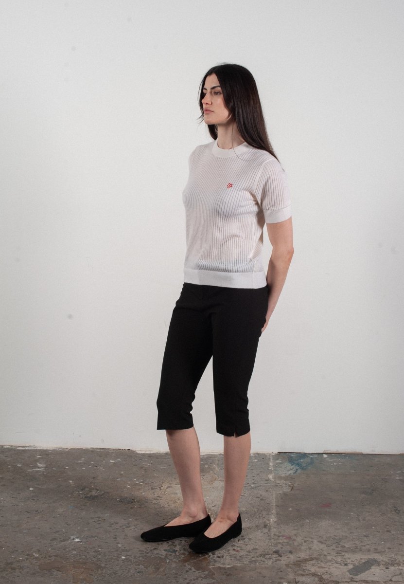T-shirt col rond manches courtes femme en cachemire et laine ajouré ultrafin blanc - FRIDA 8 - Studio cashmere8