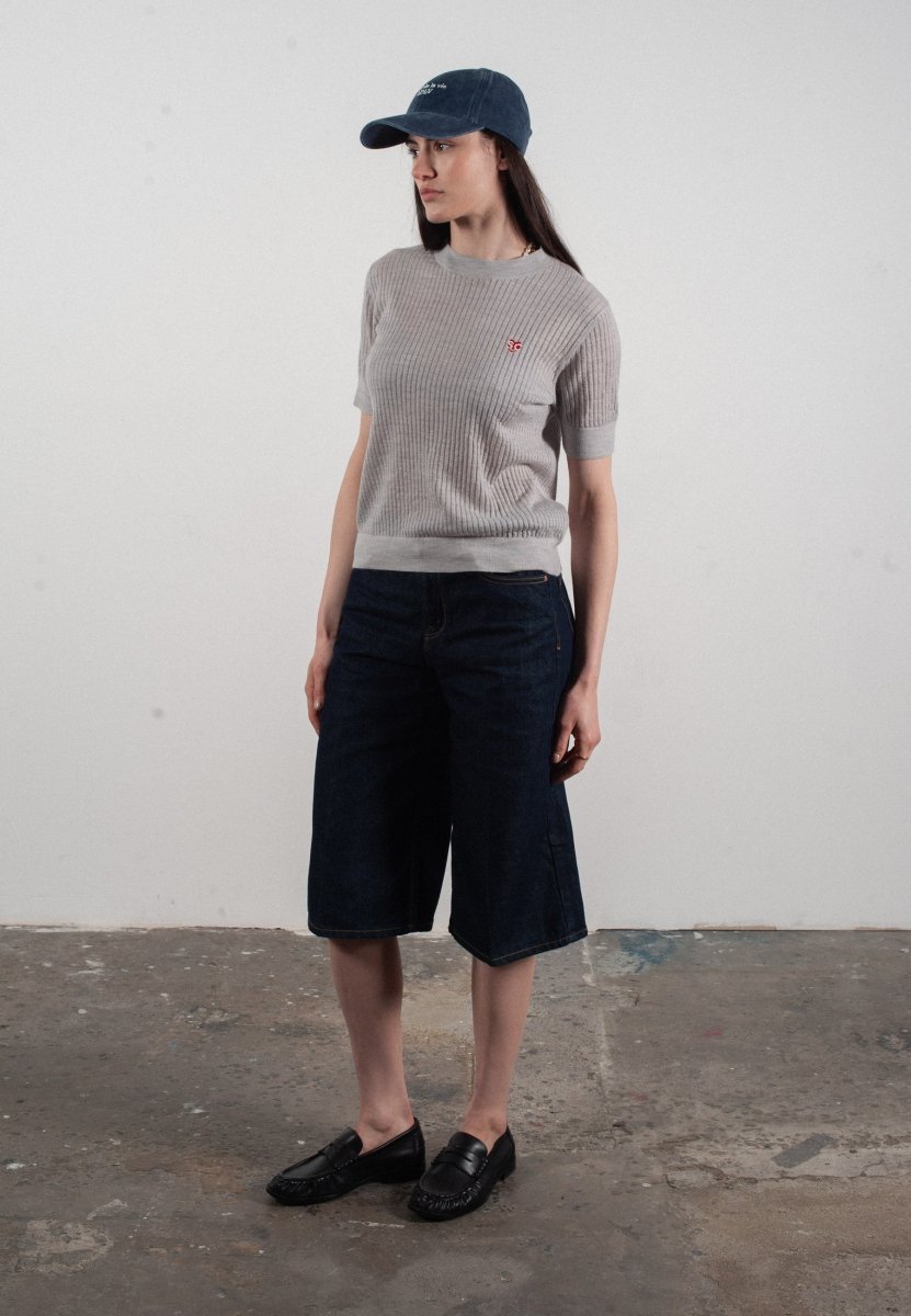 T-shirt col rond manches courtes femme en cachemire et laine ajouré ultrafin gris clair - FRIDA 8 - Studio cashmere8