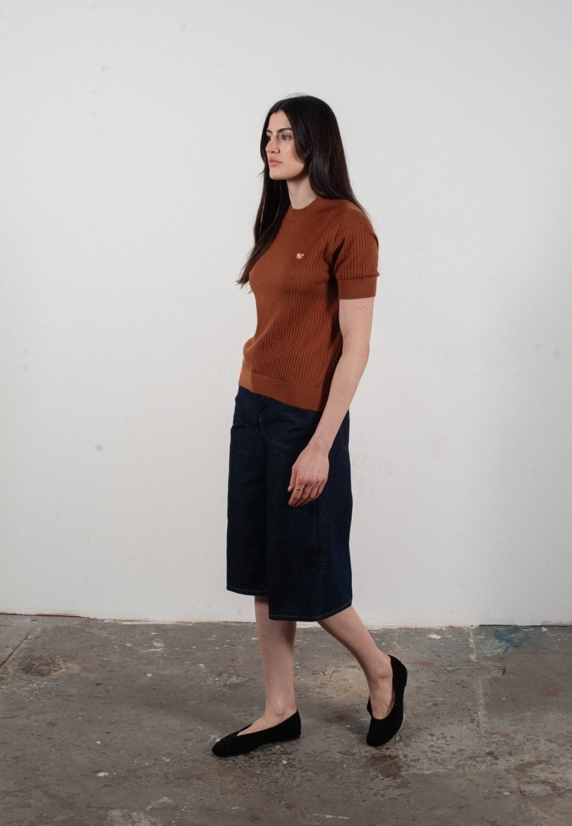 T-shirt col rond manches courtes femme en cachemire et laine ajouré ultrafin marron clair - FRIDA 8 - Studio cashmere8