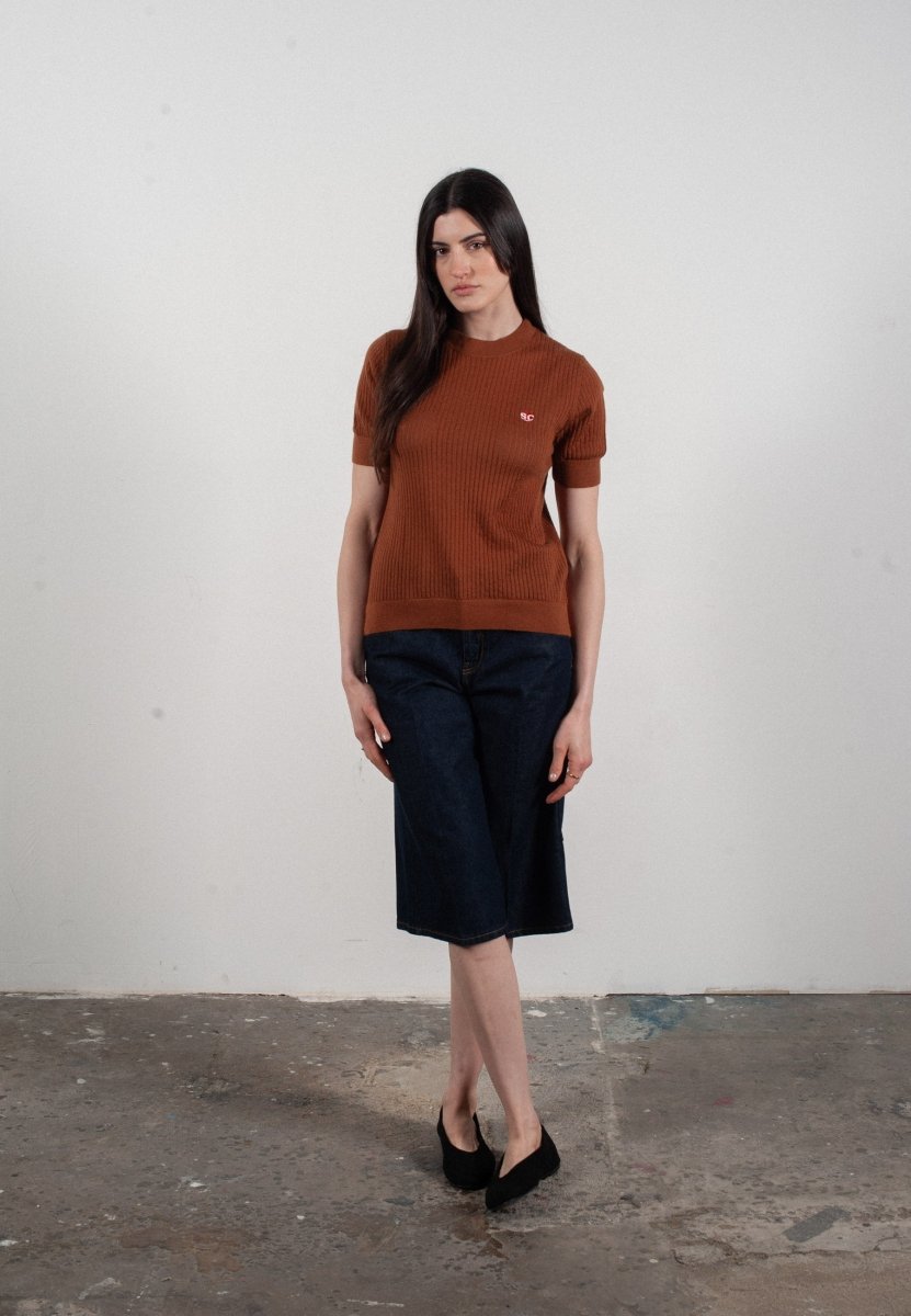 T-shirt col rond manches courtes femme en cachemire et laine ajouré ultrafin marron clair - FRIDA 8 - Studio cashmere8