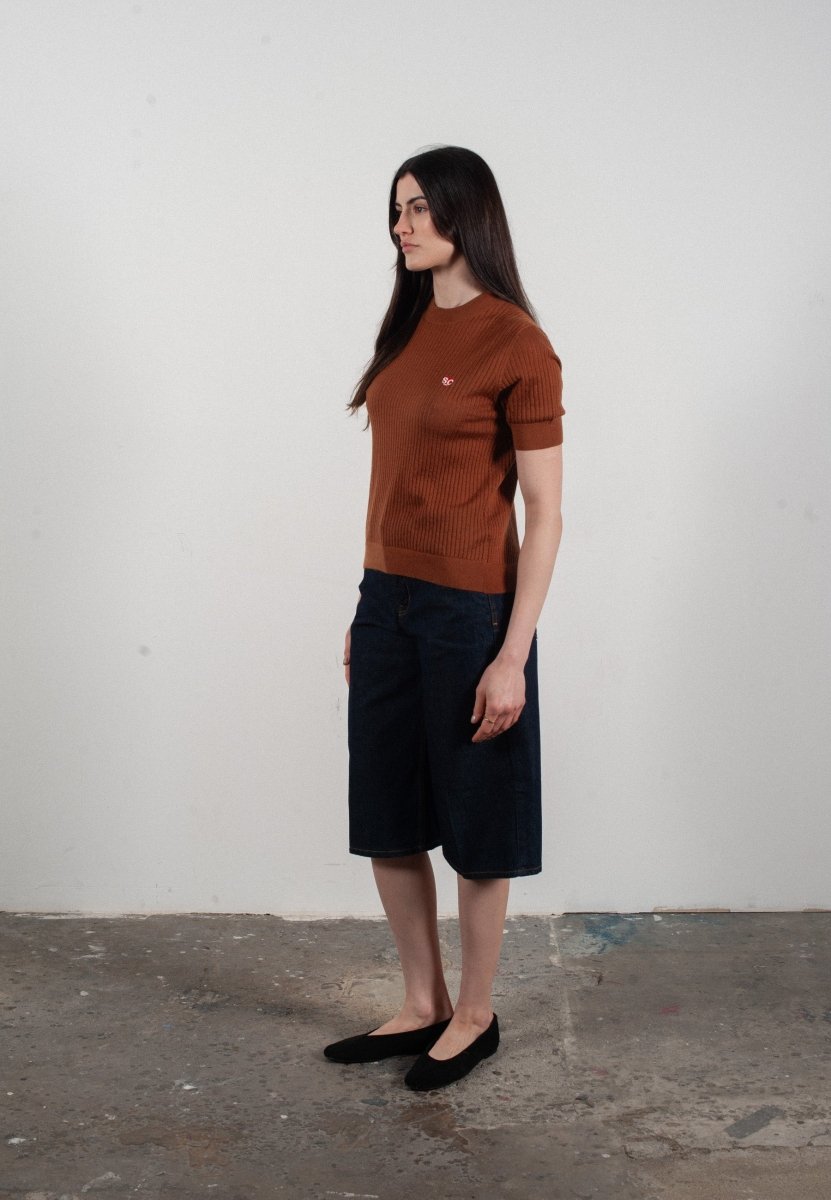 T-shirt col rond manches courtes femme en cachemire et laine ajouré ultrafin marron clair - FRIDA 8 - Studio cashmere8