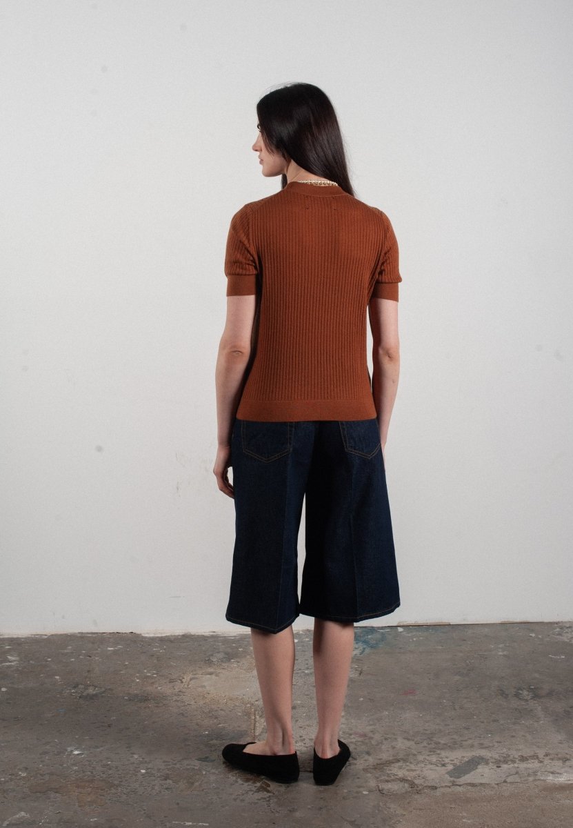 T-shirt col rond manches courtes femme en cachemire et laine ajouré ultrafin marron clair - FRIDA 8 - Studio cashmere8