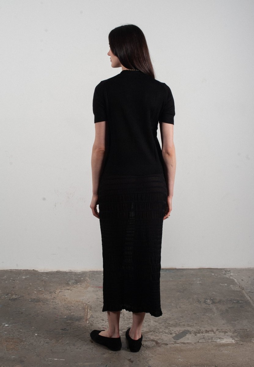 T-shirt col rond manches courtes femme en cachemire et laine ajouré ultrafin noir - FRIDA 8 - Studio cashmere8