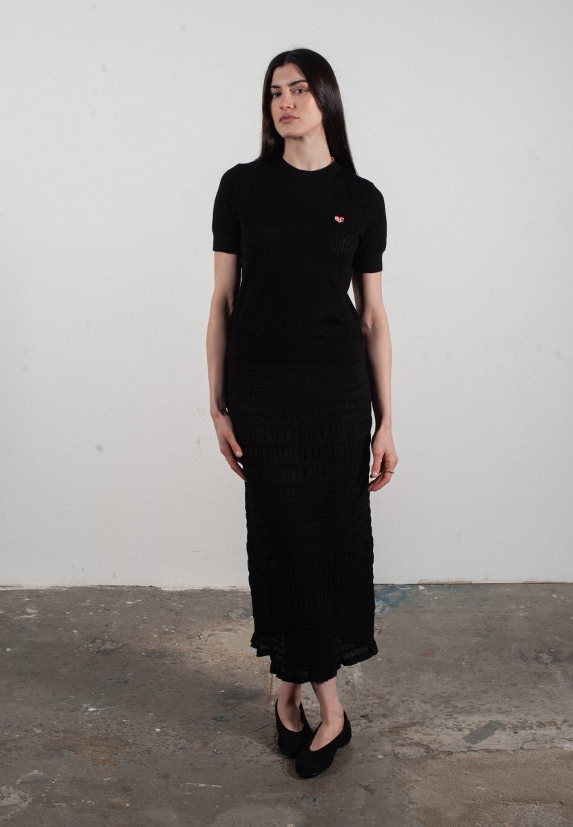 T-shirt col rond manches courtes femme en cachemire et laine ajouré ultrafin noir - FRIDA 8 - Studio cashmere8