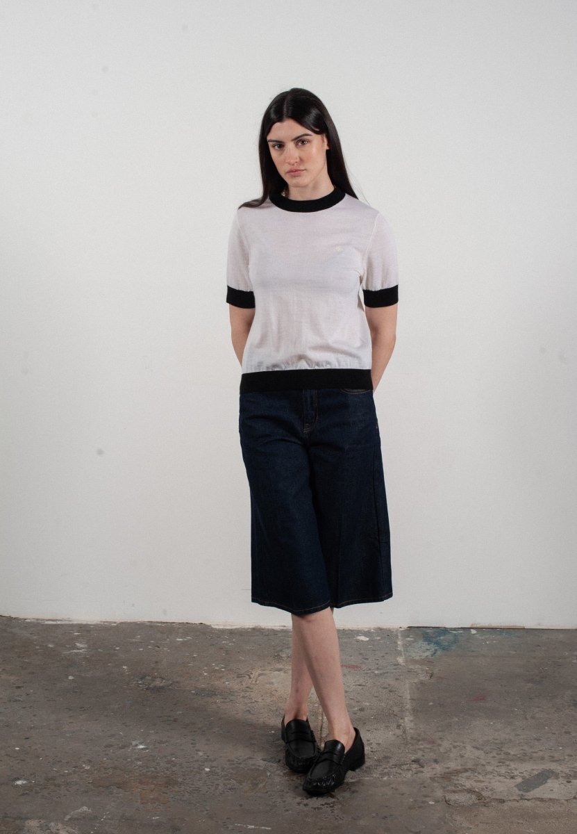 T-shirt col rond manches courtes femme en cachemire et laine ultrafin blanc & noir - FRIDA 7 - Studio cashmere8