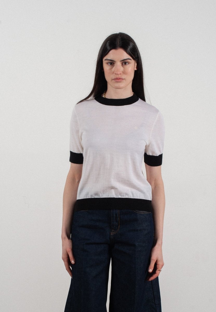 T-shirt col rond manches courtes femme en cachemire et laine ultrafin blanc & noir - FRIDA 7 - Studio cashmere8