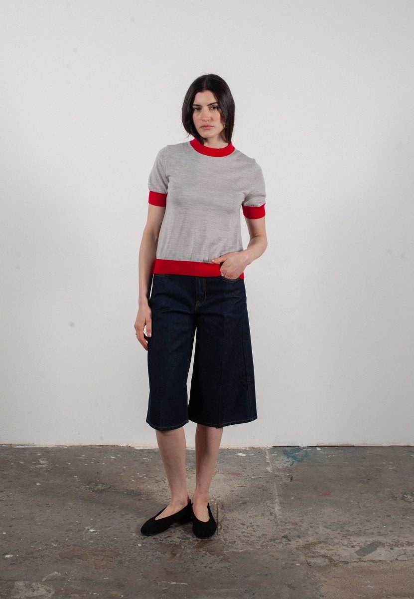T-shirt col rond manches courtes femme en cachemire et laine ultrafin gris clair & rouge - FRIDA 12 - Studio cashmere8