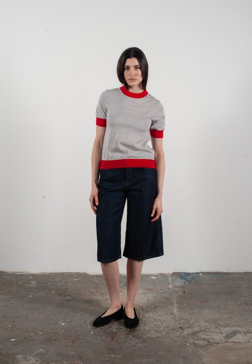 T-shirt col rond manches courtes femme en cachemire et laine ultrafin gris clair & rouge - FRIDA 12 - Studio cashmere8