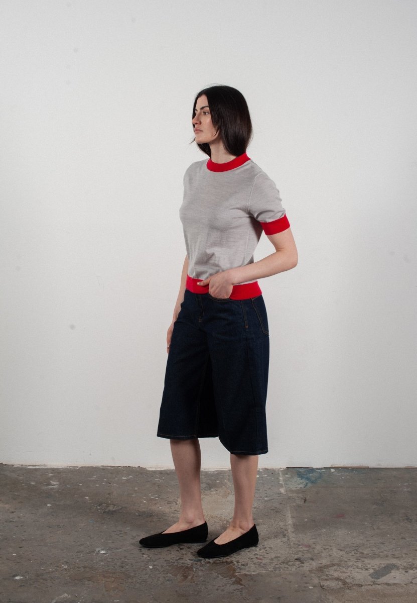 T-shirt col rond manches courtes femme en cachemire et laine ultrafin gris clair & rouge - FRIDA 12 - Studio cashmere8